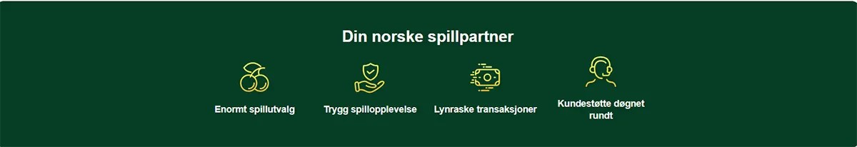 Norwegian casino features section showcasing icons for game variety, secure gameplay, fast transactions, and 24/7 customer support. The design uses simple yellow line icons on a dark green background with Norwegian text descriptions.