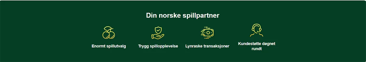 Norwegian casino features section showcasing icons for game variety, secure gameplay, fast transactions, and 24/7 customer support. The design uses simple yellow line icons on a dark green background with Norwegian text descriptions.