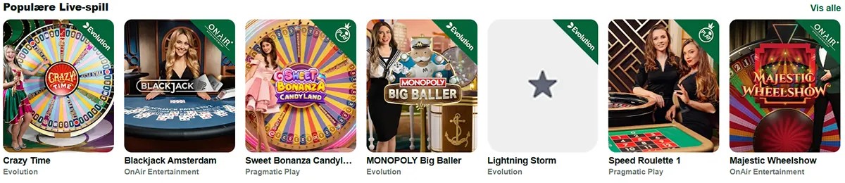 Popular live casino games including Crazy Time, Blackjack Amsterdam, Sweet Bonanza Candyland, MONOPOLY Big Baller, Lightning Storm, Speed Roulette 1, and Majestic Wheelshow. Each game is displayed with its host or wheel design, showcasing a colourful and dynamic live-casino lineup.