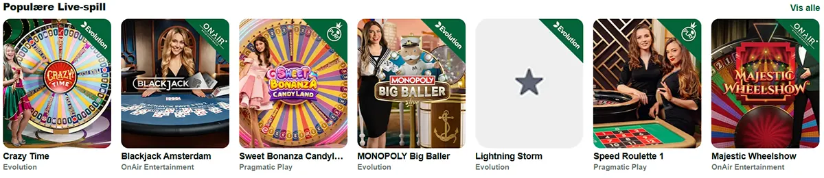 Popular live casino games including Crazy Time, Blackjack Amsterdam, Sweet Bonanza Candyland, MONOPOLY Big Baller, Lightning Storm, Speed Roulette 1, and Majestic Wheelshow. Each game is displayed with its host or wheel design, showcasing a colourful and dynamic live-casino lineup.