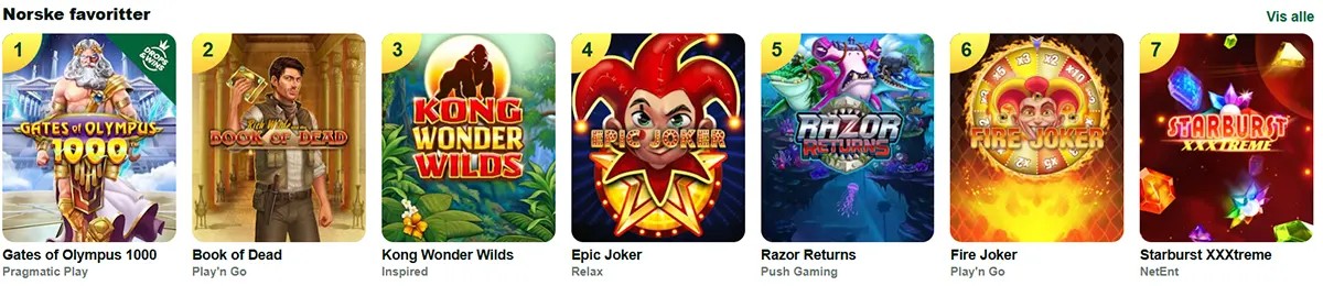 Selection of top Norwegian favourite slot games, including Gates of Olympus, Book of Dead, Kong Wonder Wilds, Epic Joker, Razor Returns, Fire Joker, and Starburst XXXtreme. Each game is shown with its cover artwork and ranking from 1 to 7.