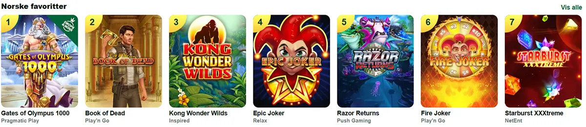 Selection of top Norwegian favourite slot games, including Gates of Olympus, Book of Dead, Kong Wonder Wilds, Epic Joker, Razor Returns, Fire Joker, and Starburst XXXtreme. Each game is shown with its cover artwork and ranking from 1 to 7.